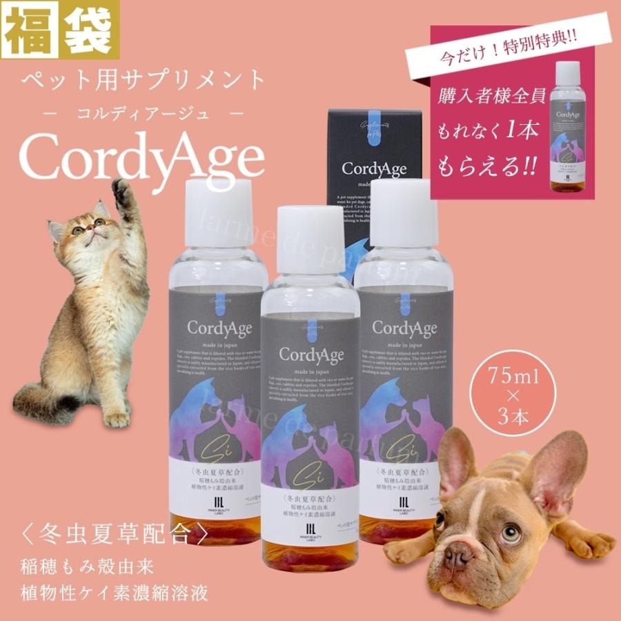 ペット用サプリメント CordyAge (コルディアージュ) 75ml 3本セット 冬虫夏草配合 稲穂もみ殻由来 植物性ケイ素濃縮溶液 コルジセピン シリカ | 