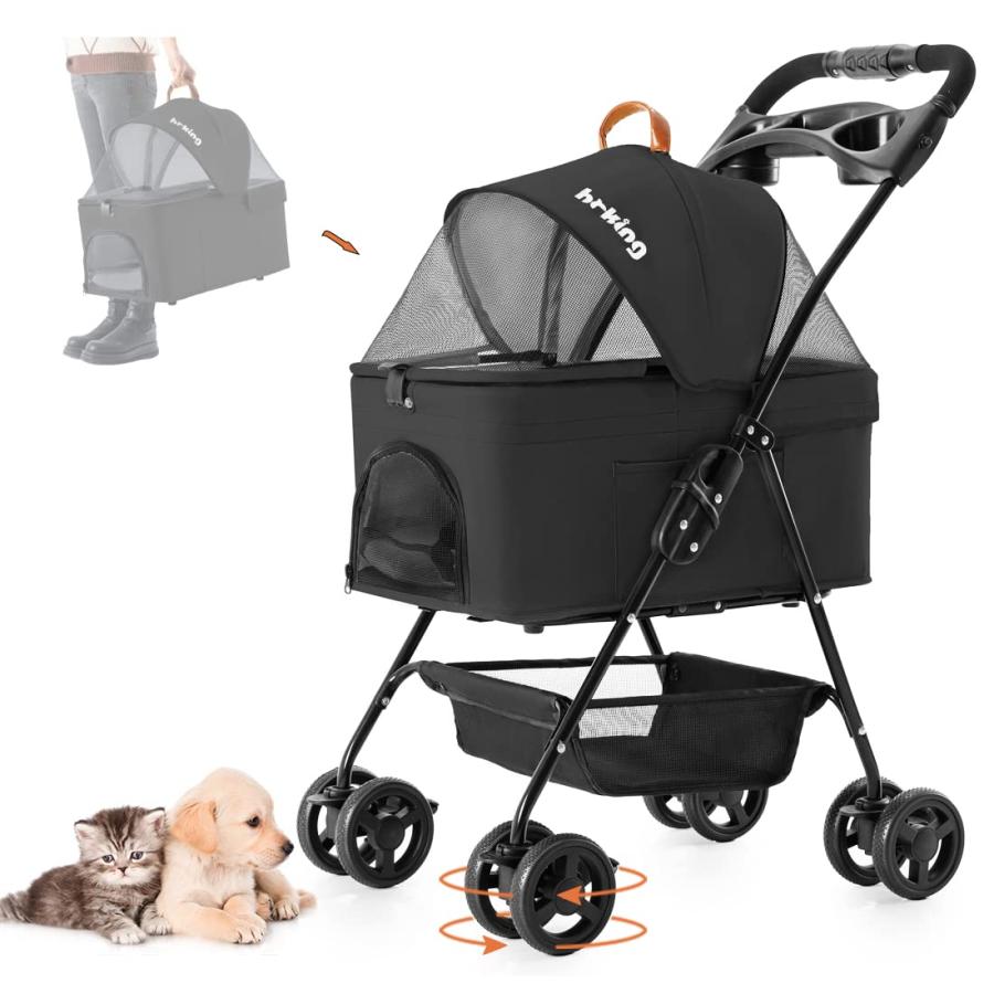 Color:ブラック HRking 分離型 ペットカート 2Way 軽量 折りたたみ 犬用ベビーカー 猫 小型犬 多頭用 ペットキャリー 4輪360°回転 多機能 取り外し可能 ペット | 