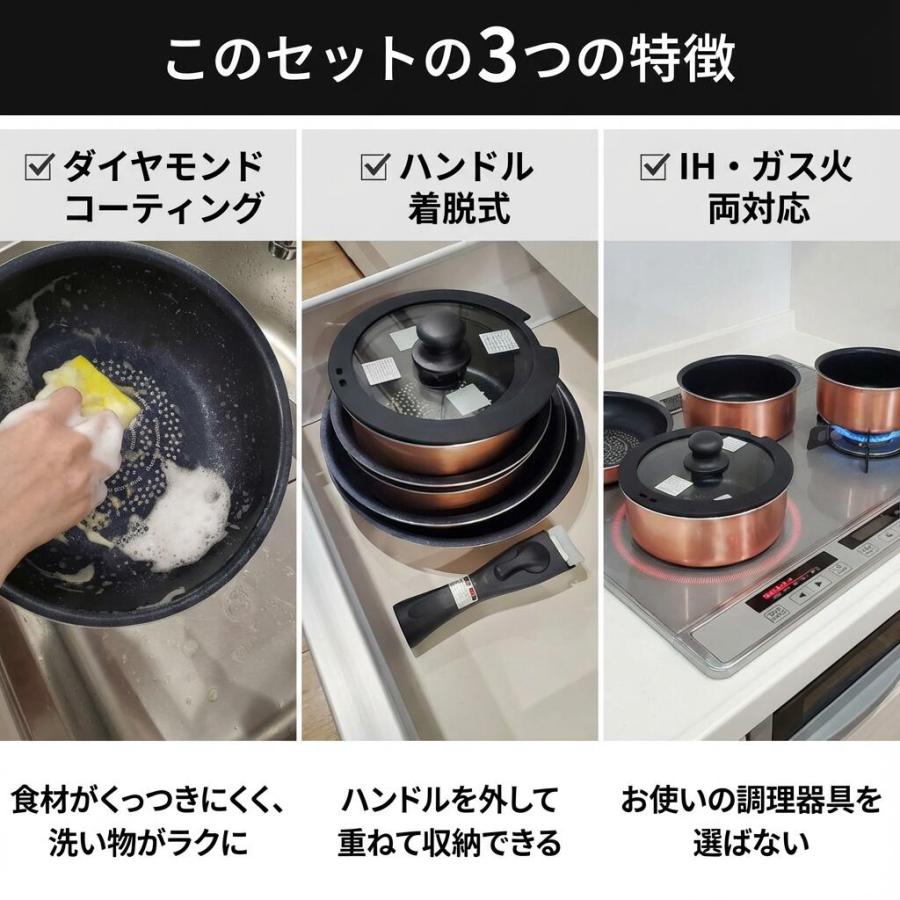 ククナ ダイヤモンドコート 着脱 鍋 フライパン 8点セット ガラス蓋付