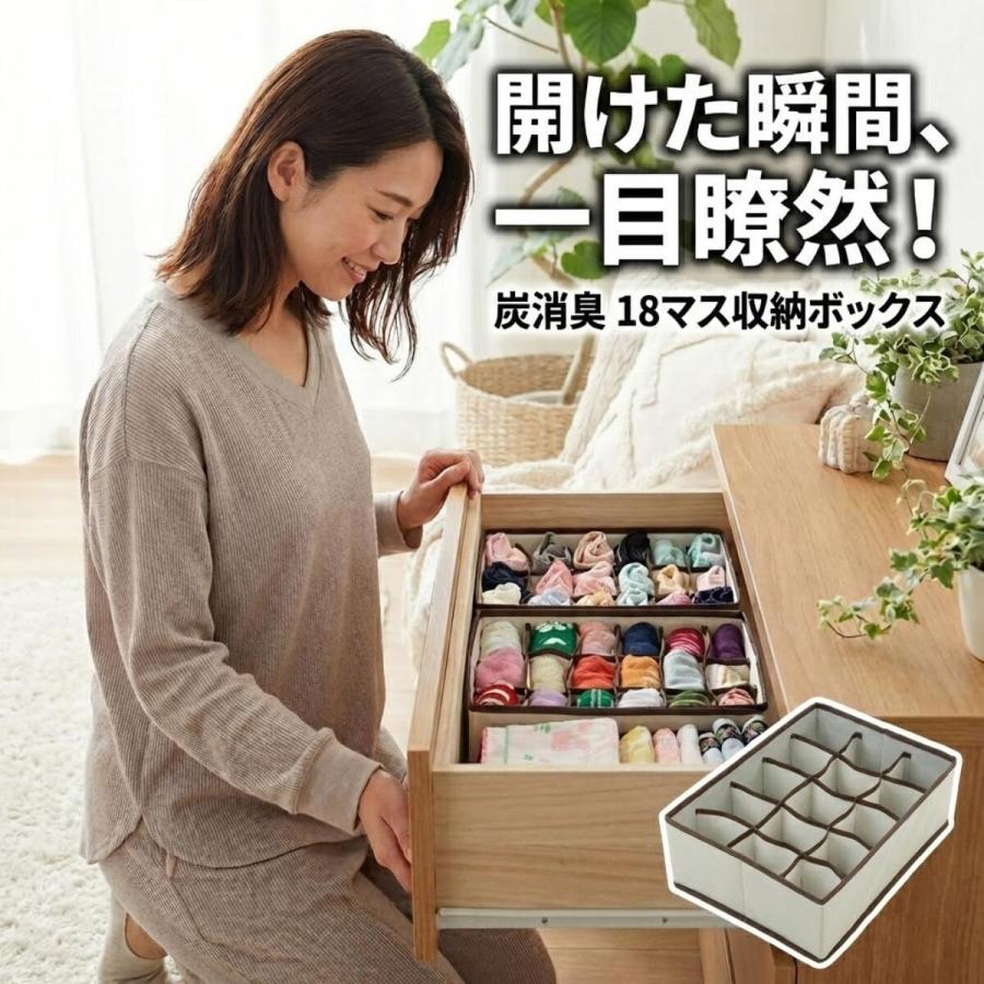 炭消臭 仕切り 収納 ボックス 18ポケット 衣類 下着 靴下 ハンカチ