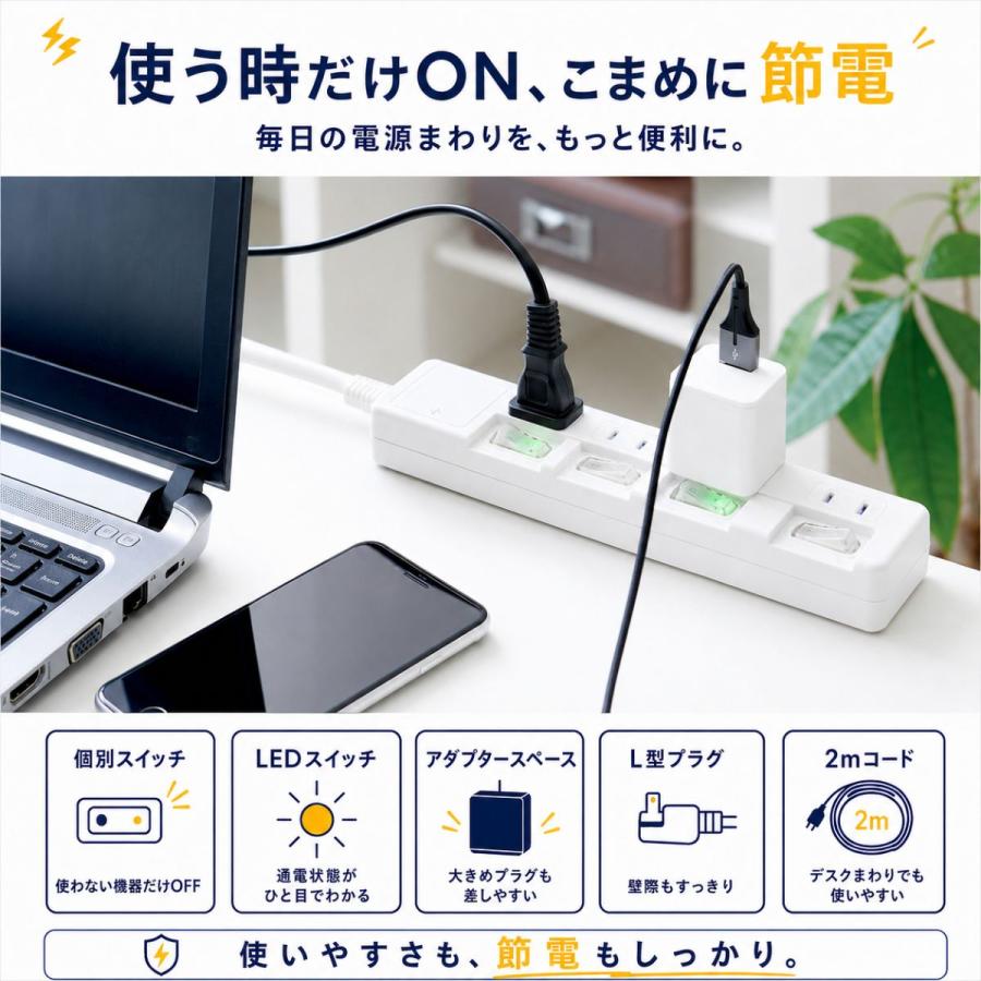 電源タップ 雷ガード 節電タップ 4個口 2m 個別スイッチ スイッチ付き