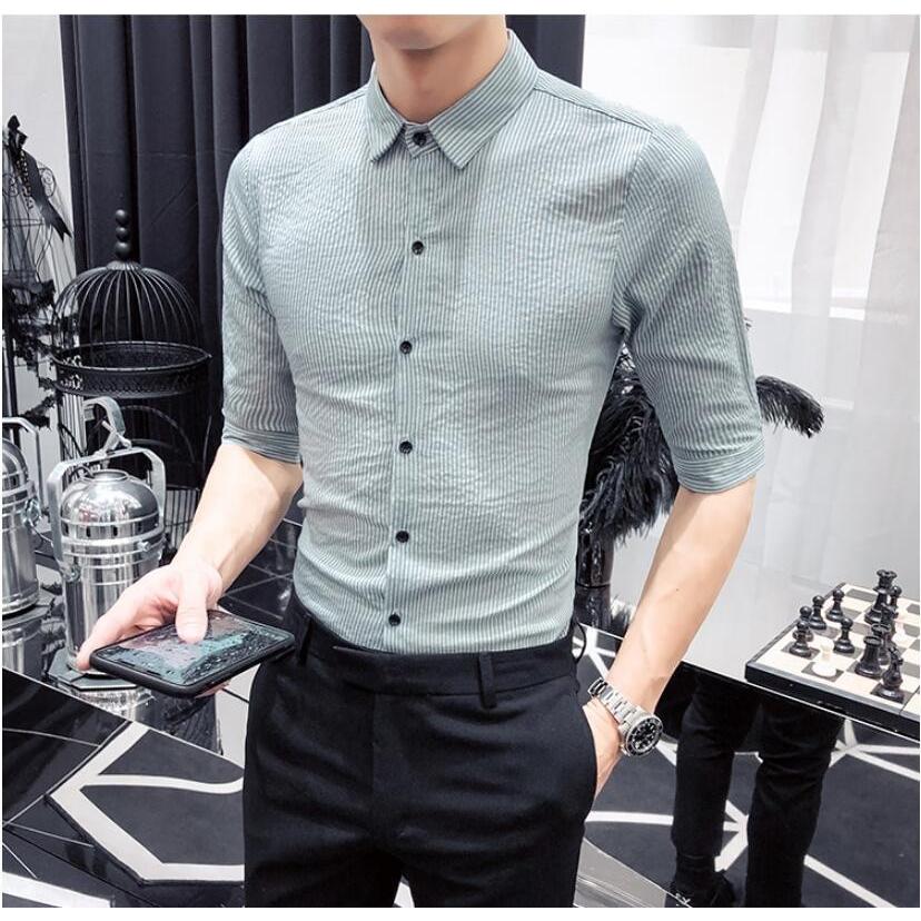 メンズシャツ ストライプシャツ 五分袖 細身 ビジネスシャツ 薄手 韓国風 大きサイズ 夏 4色選べる 純色 流行る Leadlife 通販 Yahoo ショッピング