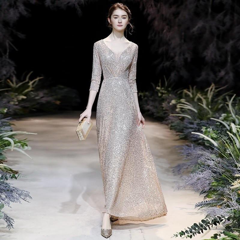 超激安 七分袖 Aライン Vネック ロングドレス 演奏会 パーティドレス レディース 二次会 カラードレス 司会 花嫁ドレス 忘年会 結婚式 ワンピース 発表会 ドレス お歳暮 Www Ladislexia Net