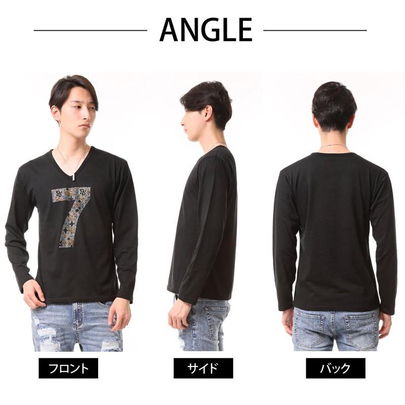 メンズロングTシャツ ラインストーン ナンバリング Vネック カモフラ柄