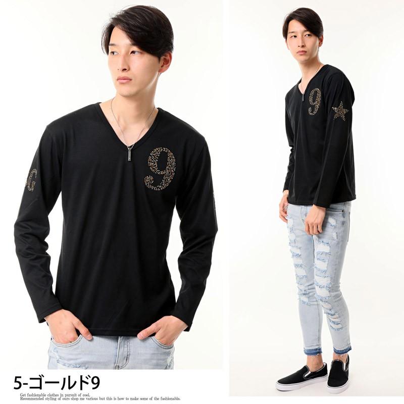 メンズロングTシャツ ラインストーン ナンバリング Vネック カモフラ柄
