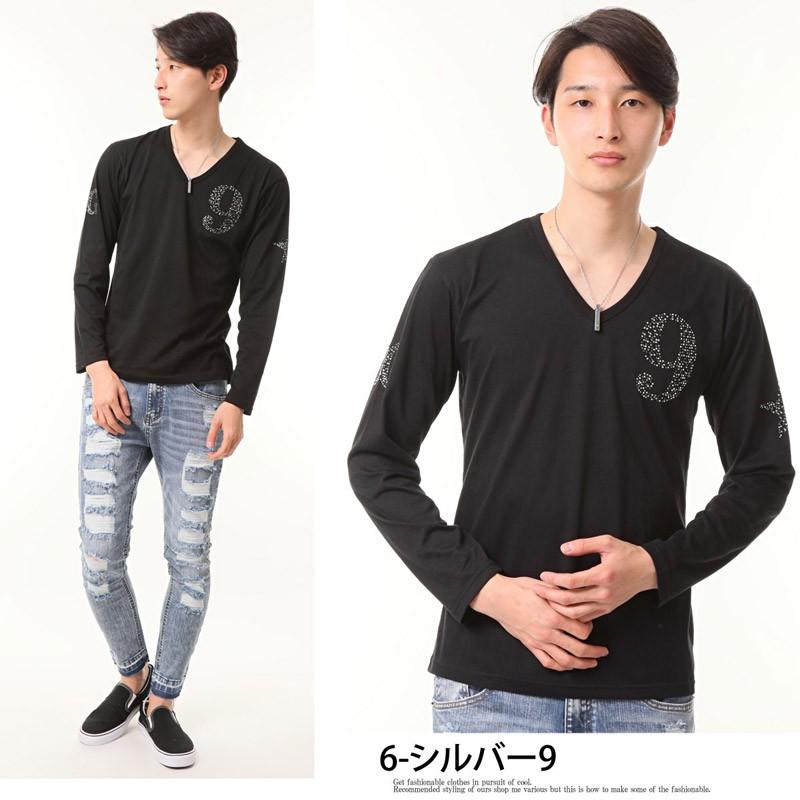 メンズロングTシャツ ラインストーン ナンバリング Vネック カモフラ柄