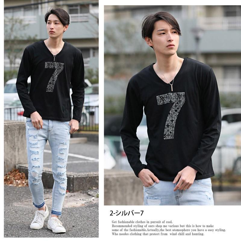 メンズロングTシャツ ラインストーン ナンバリング Vネック カモフラ柄