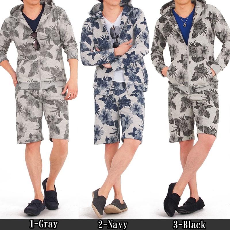 メンズパーカー フルジップ 花柄 ボタニカル柄 フラワープリント 上下