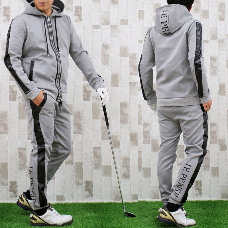 【新品同様 / 希少】 ゴルフウェア セットアップ メンズ 上下セット ジャージ ゴルフパンツ フェイクレザー切替 ジョガーパンツ パーカー ストレッチ 春夏 【1939736669】(10387円)