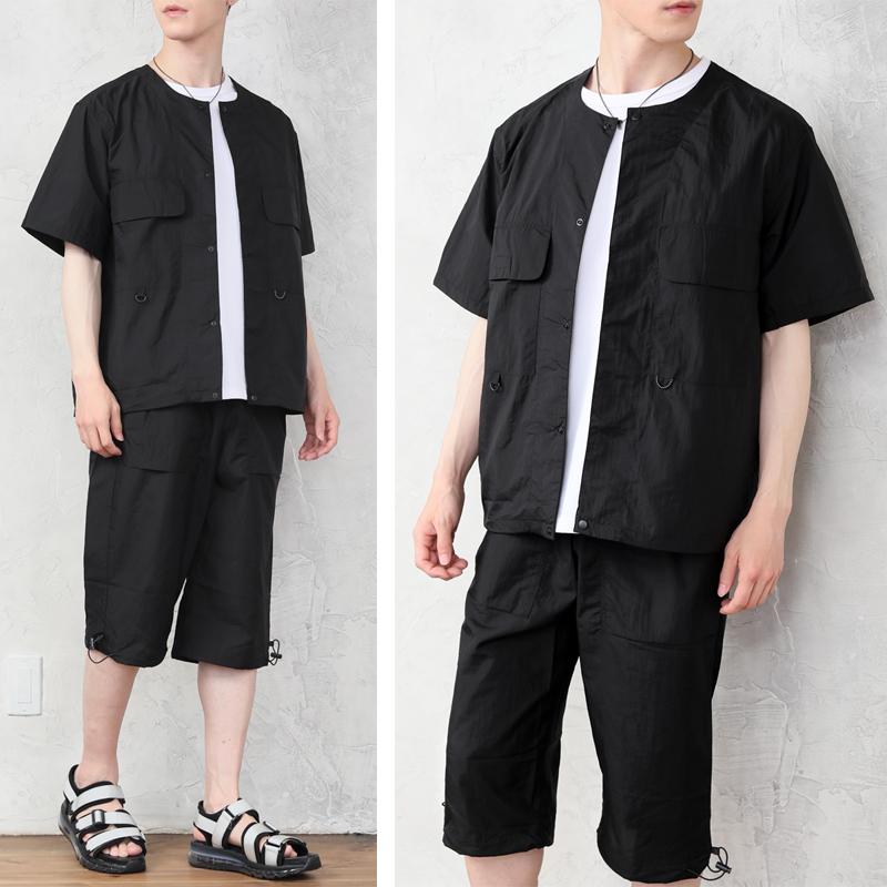 セットアップ 上下セット メンズ ノーカラー ナイロン シャツ