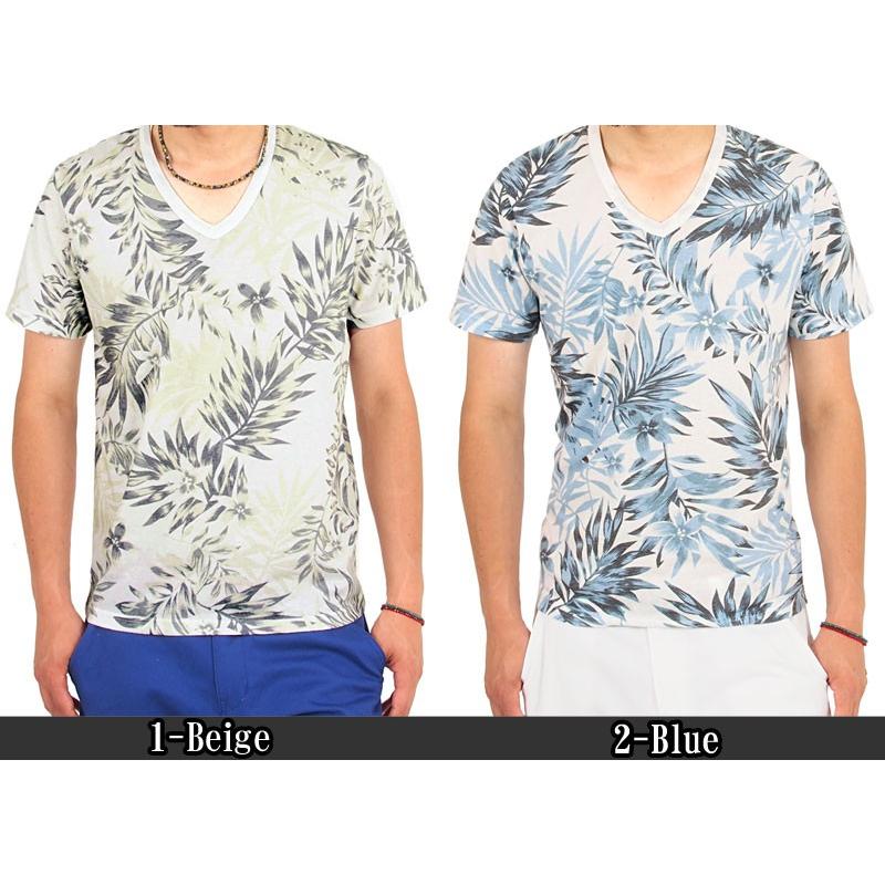 Tシャツ メンズ 半袖 ボタニカル柄 花柄 Vネック カットソー