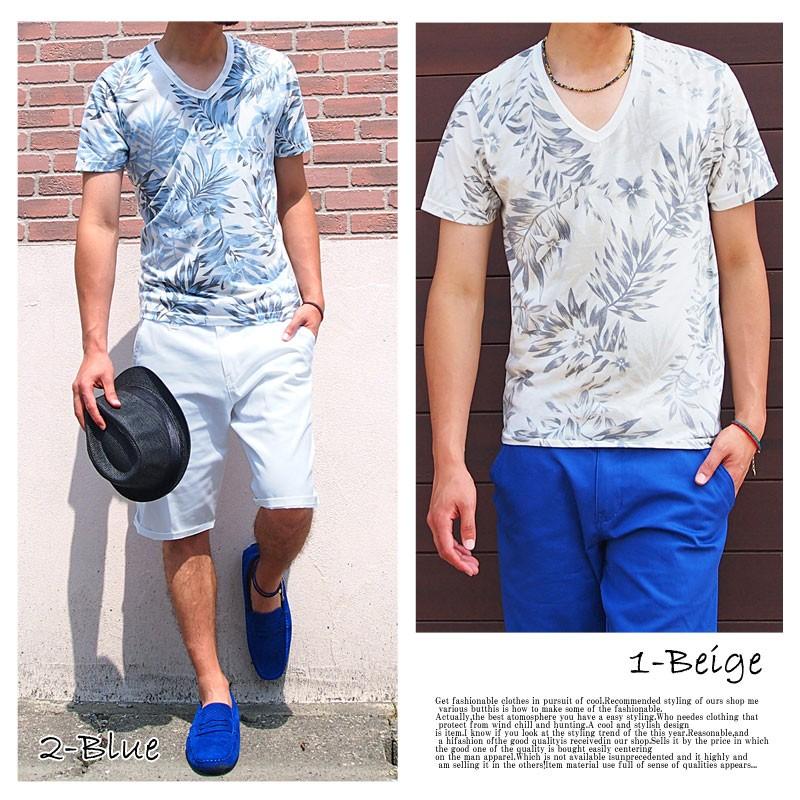 美品  半袖ボタニカル花柄Tシャツ Tシャツ メンズ 半袖 ボタニカル柄 花柄 Vネック カットソー : メンズ