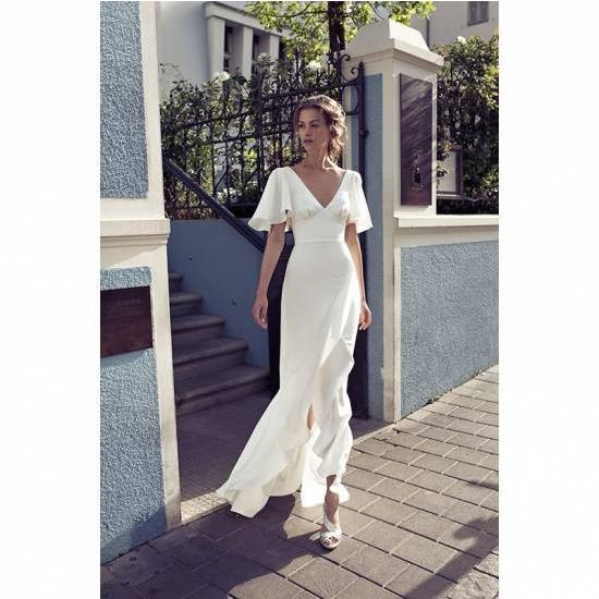 ウエディングドレス ドレス パーティードレス ワンピース ロング 袖あり 半袖 白 購入 韓国 結婚式 スリム タイト マキシ丈 Vネック 花嫁 ハイウエスト フレア Leaflower Shop 通販 Yahoo ショッピング