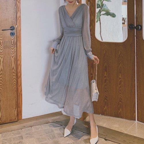 即納特典付き パーティードレス ワンピース ロング 結婚式 演奏会 二次会 同窓会 お呼ばれ 大きいサイズ 袖あり 長袖 ウエストマーク カシュクール Vネック フレア 無地 上品 Karolinemedeiros Com Br