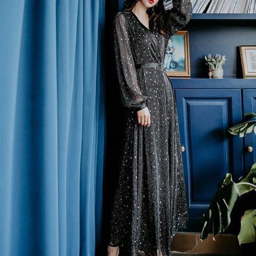 人気 商品 パーティードレス 結婚式 二次会 発表会 お呼ばれ パーティー グリッター ラメ ロング丈 黒 カシュクール シースルー 長袖 Vネック パーティードレス 結婚式 Kms 1 Leaflower Shop 通販 Yahoo ショッピング 返品保証付 Pn Pasirpengaraian Go Id
