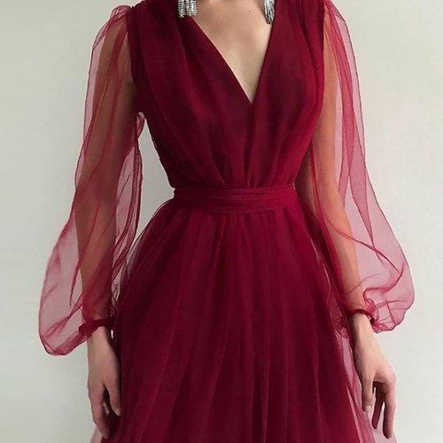 オリジナル パーティードレス ドレス 結婚式 二次会 パーティー お呼ばれ おしゃれ 赤 きれいめ エレガント Vネック シフォン シースルー 長袖 ワンピース 大きいサイズ 冬 Simbcity Net