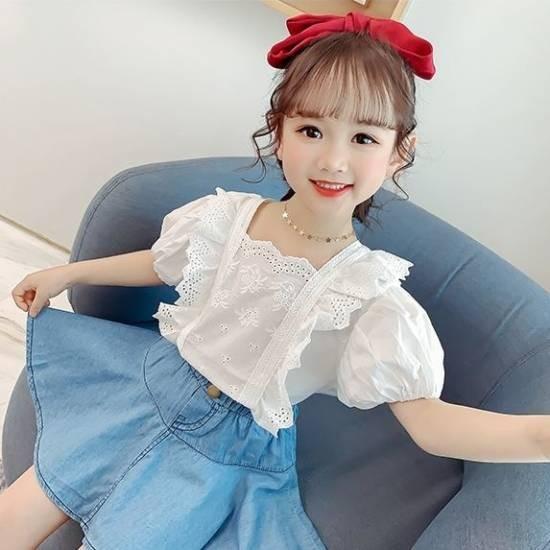 子供服 女の子 おしゃれ 安い 韓国 セットアップ 半袖 プルオーバー シャツ スカート 夏 春夏 2点セット 上下セット カジュアル 可愛い キッズ デニム フリル Rsuwilliambooth Com