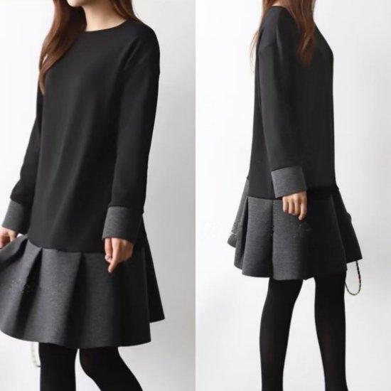 ワンピース ドッキングワンピース レディース 20代 30代 40代 50代 秋冬 秋 冬 長袖 膝丈 大きいサイズ おしゃれ 無地 シンプル フレア きれいめ ラウンドネック