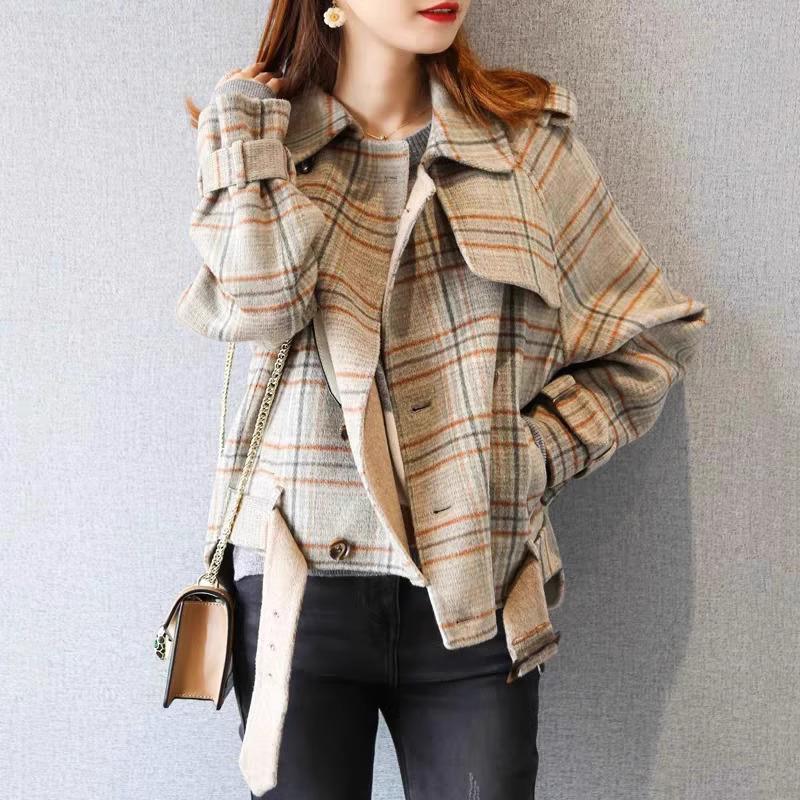 ショートコートレディース冬韓国レディースショートコートチェック柄コートレディースショートコート襟株式会社錦アウター冬デザインコート大きいサイズ ショートコート レディース 冬 韓国 チェック柄 コート 襟 アウター