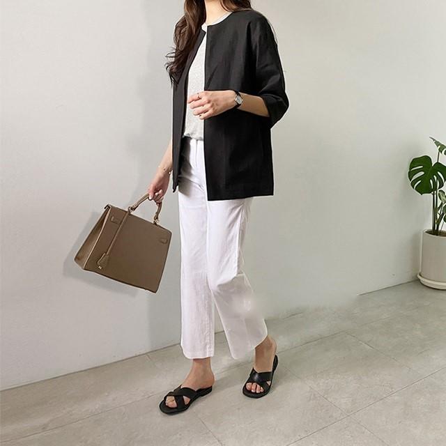 リネン ノーカラー ジャケット レディース 春夏 カジュアル 大きい