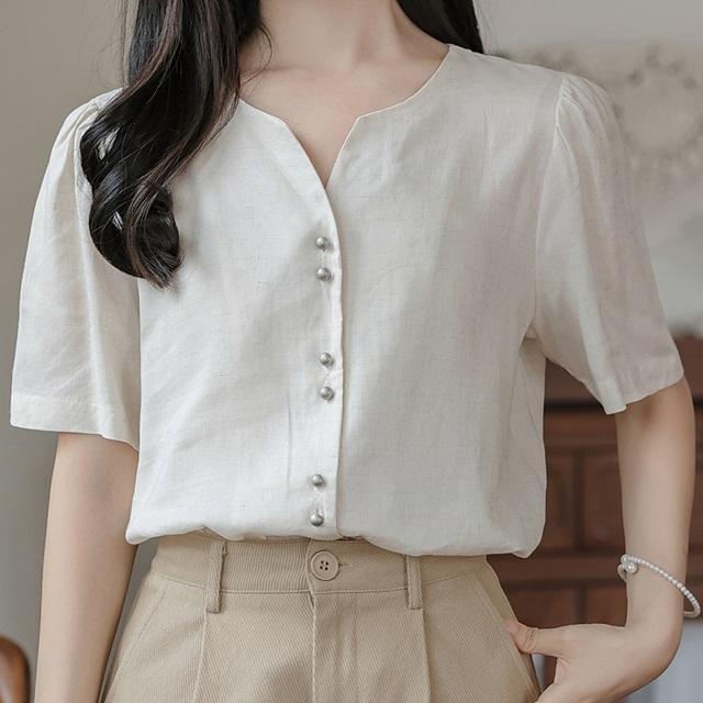 ノーカラー シャツ レディース 春 夏 ブラウス 半袖 おしゃれ トップス