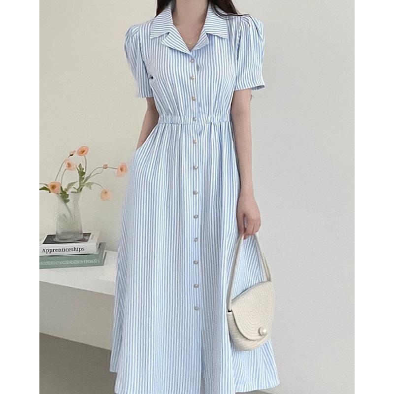 襟付き シャツワンピース ストライプ ロング ワンピース 春