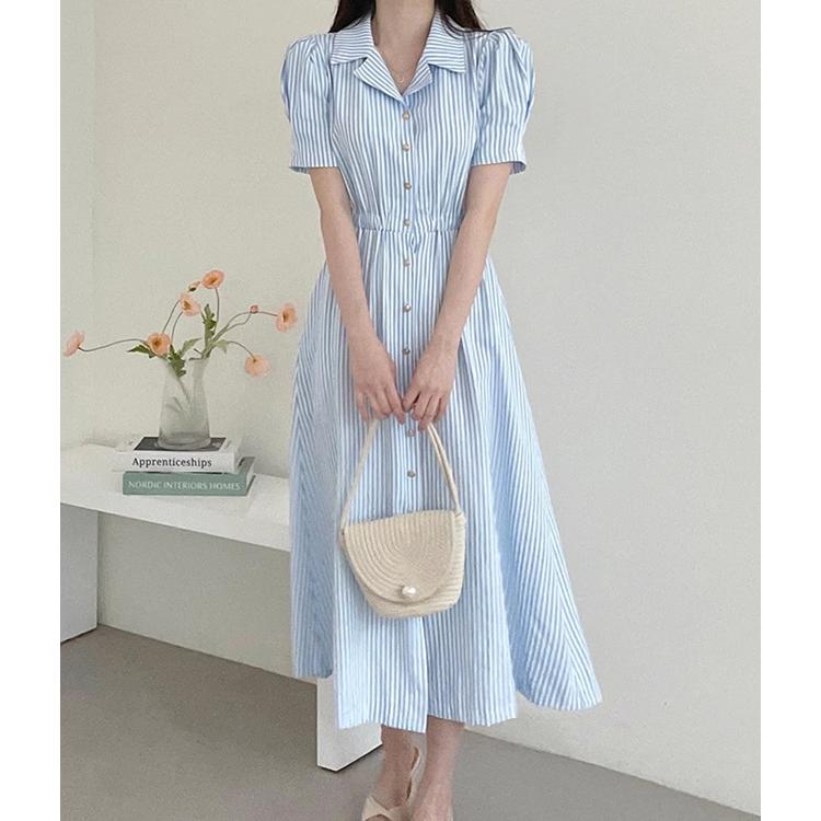 襟付き シャツワンピース ストライプ ロング ワンピース 春