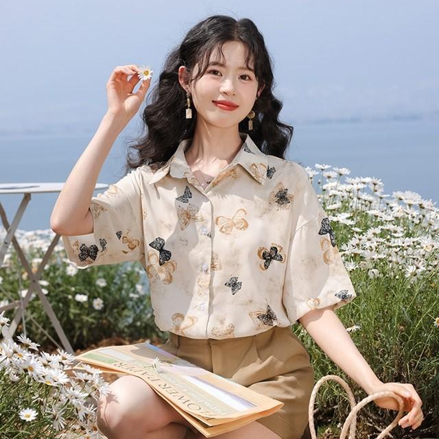 柄シャツ レディース 半袖 柄 ブラウス 春 夏 プリント 蝶 蝶々 