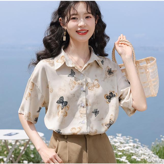 柄シャツ レディース 半袖 柄 ブラウス 春 夏 プリント 蝶 蝶々 