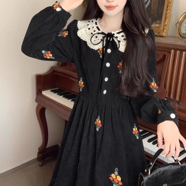 ロングワンピース 長袖 ワンピース レディース 秋 黒 花柄ワンピース