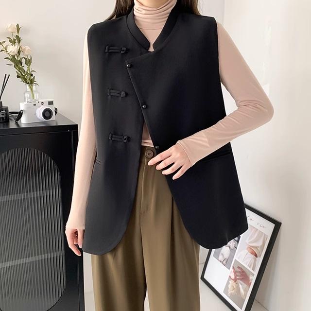 ノースリーブ黒ベスト ベスト レディース 前開き ジレ ミドル丈 チャイナ風 トップス