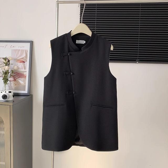 ノースリーブ黒ベスト ベスト レディース 前開き ジレ ミドル丈 チャイナ風 トップス