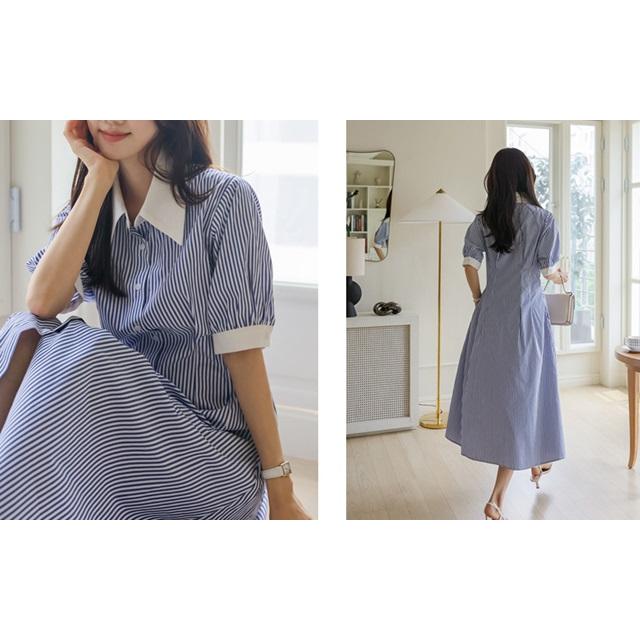 シャツワンピース ストライプ 半袖 五分袖 カジュアル ワンピース 春