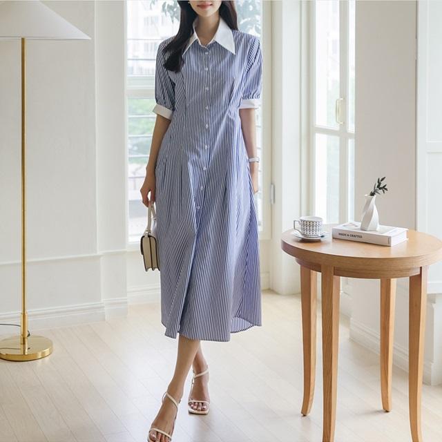 シャツワンピース ストライプ 半袖 五分袖 カジュアル ワンピース 春