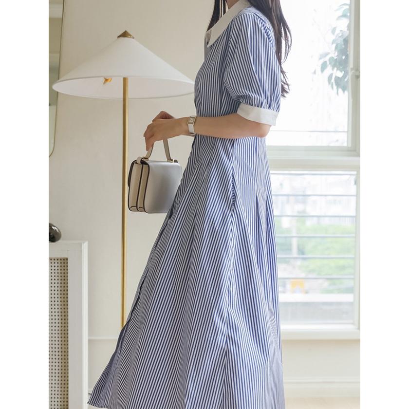 シャツワンピース ストライプ 半袖 五分袖 カジュアル ワンピース 春