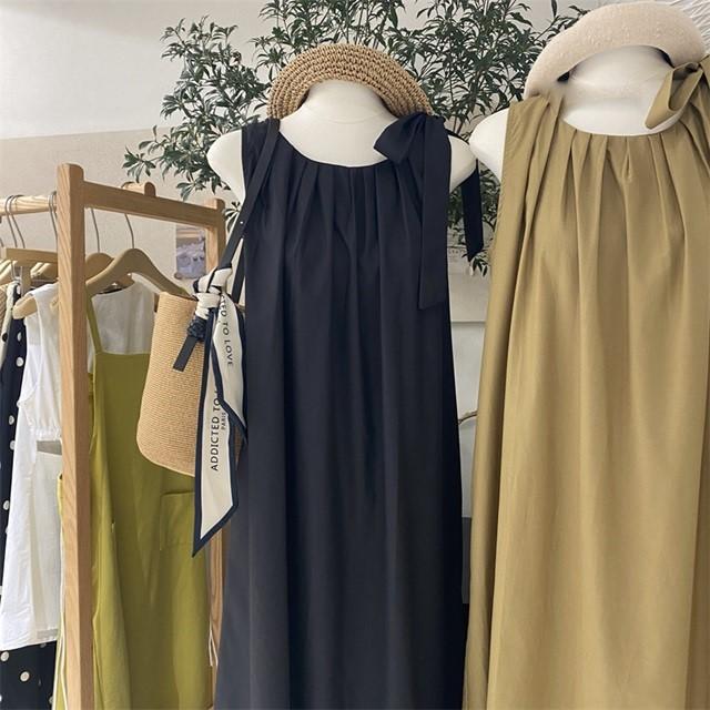 肩紐リボン ワンピース ロング ノースリーブ 黒 春 カジュアル