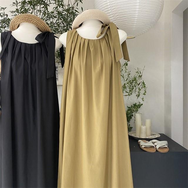 肩紐リボン ワンピース ロング ノースリーブ 黒 春 カジュアル