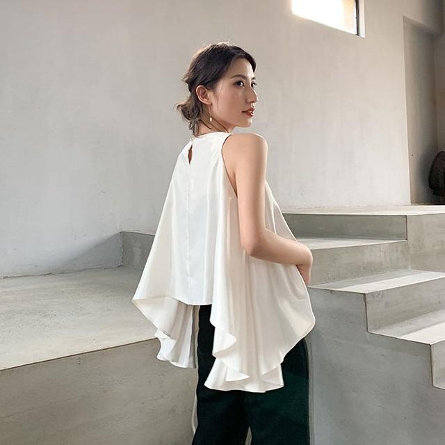 カットソー ノースリーブ トップス 春 夏 フリル ブラウス シャツ 白