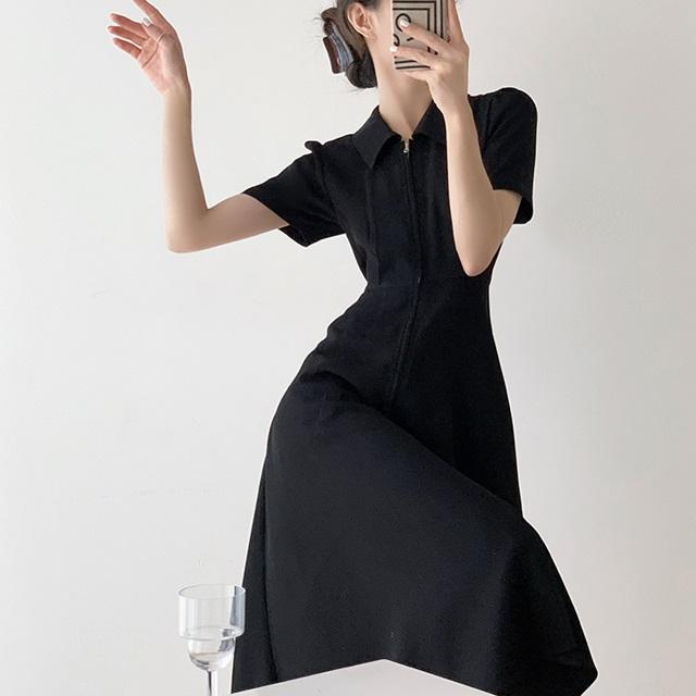 レディース 夏 ワンピース ジッパー ジップ 襟付き 半袖 カジュアル