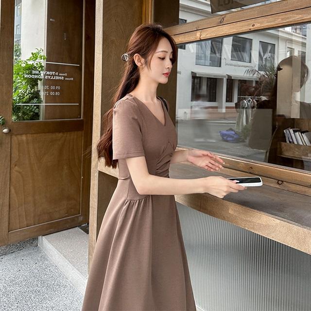 ワンピース 半袖 きれいめ ロングワンピース 夏 レディース 黒 Vネック