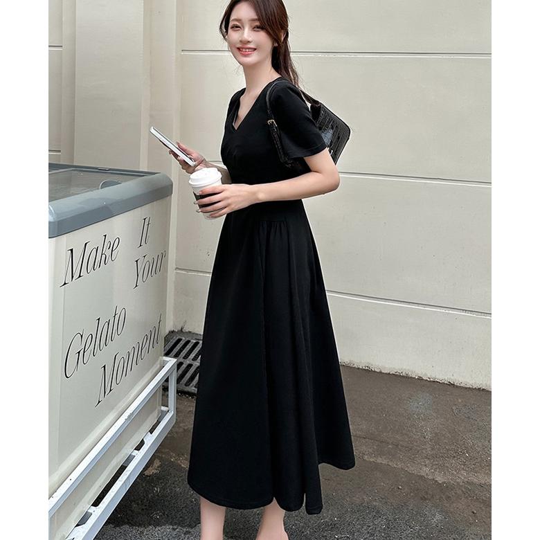 ワンピース 半袖 きれいめ ロングワンピース 夏 レディース 黒 Vネック