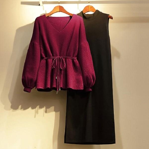 セットアップ レディース ペプラム ニット Vネック 赤 白 ジャンパースカート 大きいサイズ 3L 4L 5L 秋 冬 トップス 長袖 ウエストマーク ハイネック セットアップ レディース ペプラム ニット Vネック 赤 白 ジャンパー