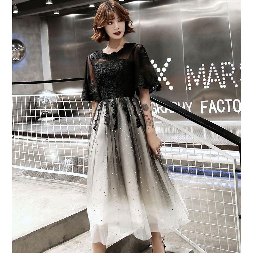パーティードレス 袖あり 半袖 黒 ドレス 総レース ワンピース