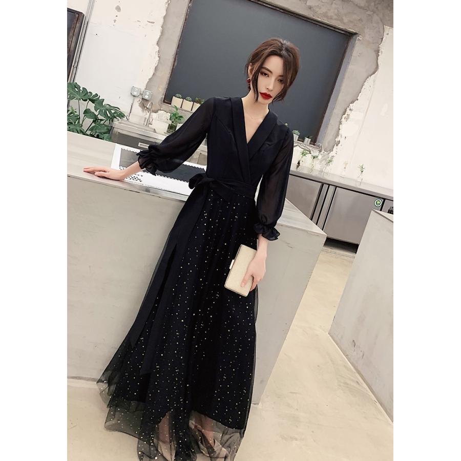 パーティードレス 韓国 ウエストリボン マキシ丈 ロング 袖あり 長袖