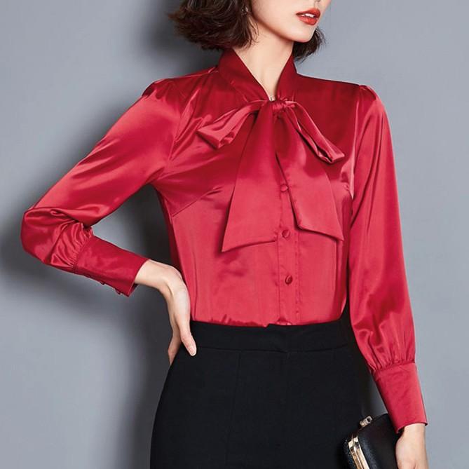ブラウス ボウタイ サテン シャツ オフィス レディース 長袖 大きい