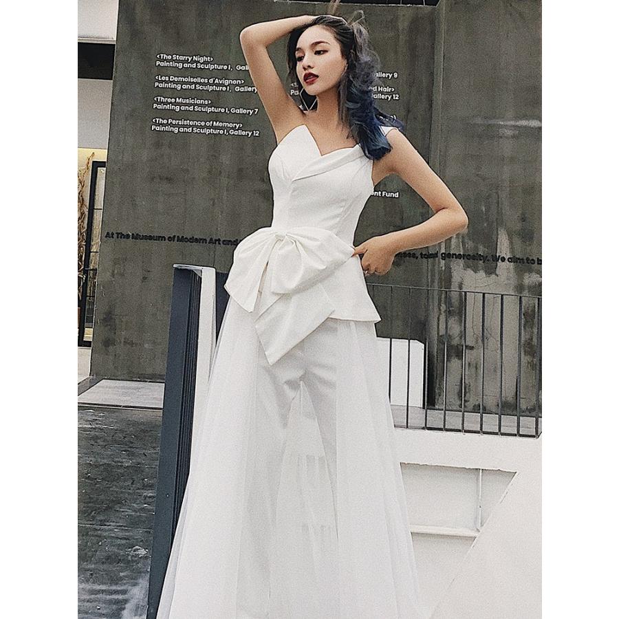 ウエディングドレス 花嫁 結婚式 二次会 白 パンツドレス 大きいサイズ 小さいサイズ ウエストリボン チュール ワンショルダー ノースリーブ ロングドレス Awe0125 Leap リープ 通販 Yahoo ショッピング
