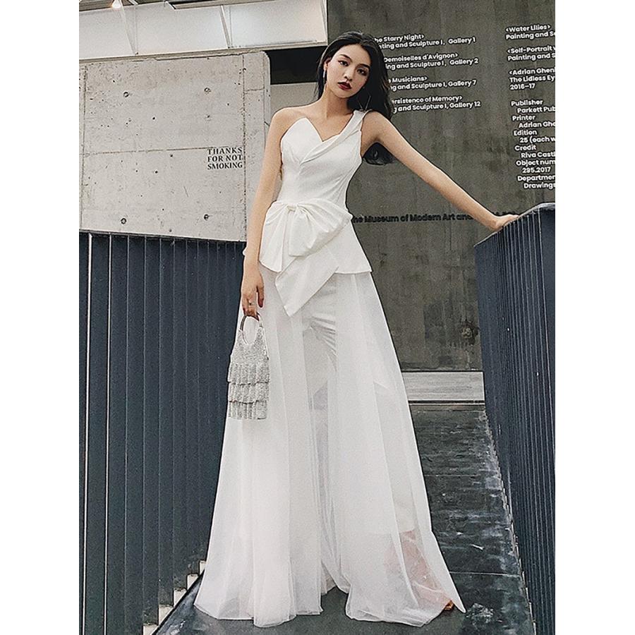 ウエディングドレス 花嫁 結婚式 二次会 白 パンツドレス 大きいサイズ 小さいサイズ ウエストリボン チュール ワンショルダー ノースリーブ ロングドレス Awe0125 Leap リープ 通販 Yahoo ショッピング