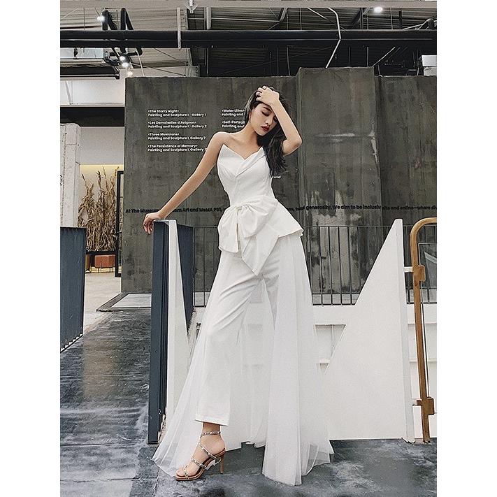 ウエディングドレス 花嫁 結婚式 二次会 白 パンツドレス 大きいサイズ 小さいサイズ ウエストリボン チュール ワンショルダー ノースリーブ ロングドレス Awe0125 Leap リープ 通販 Yahoo ショッピング