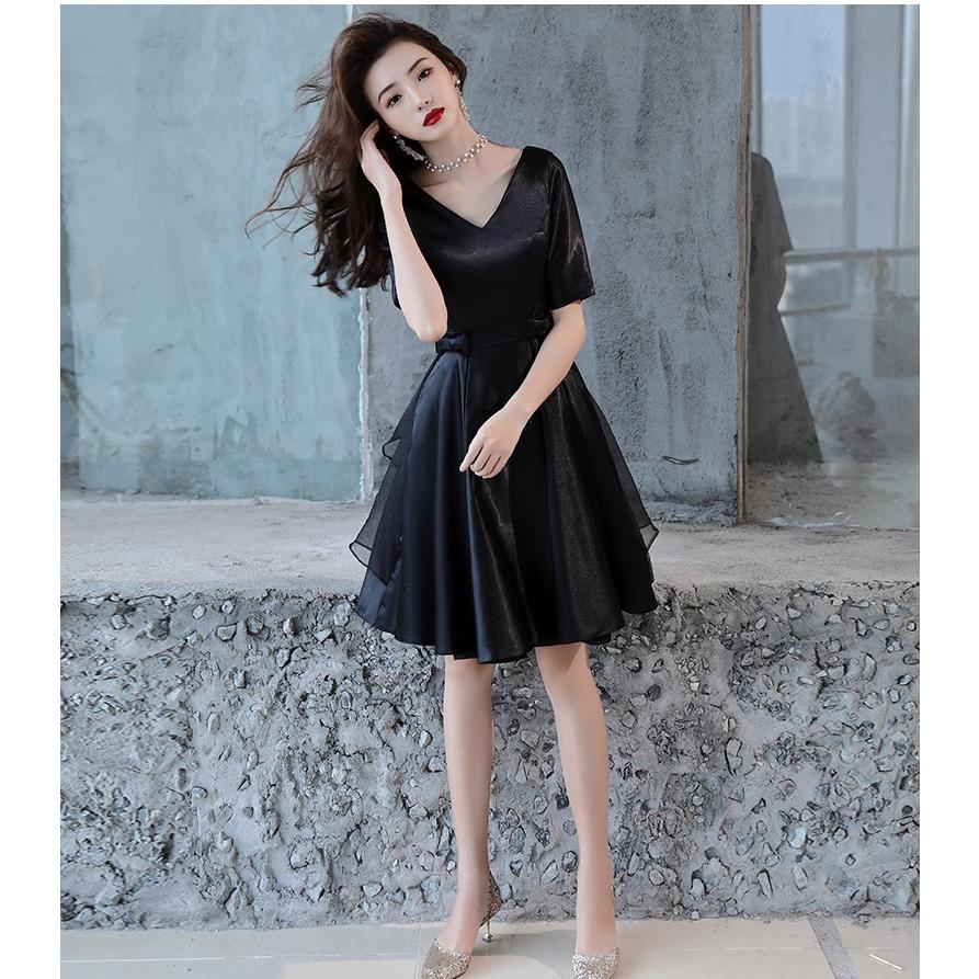 パーティードレス 黒 ウエストリボン ミニ 大きいサイズ 小さいサイズ