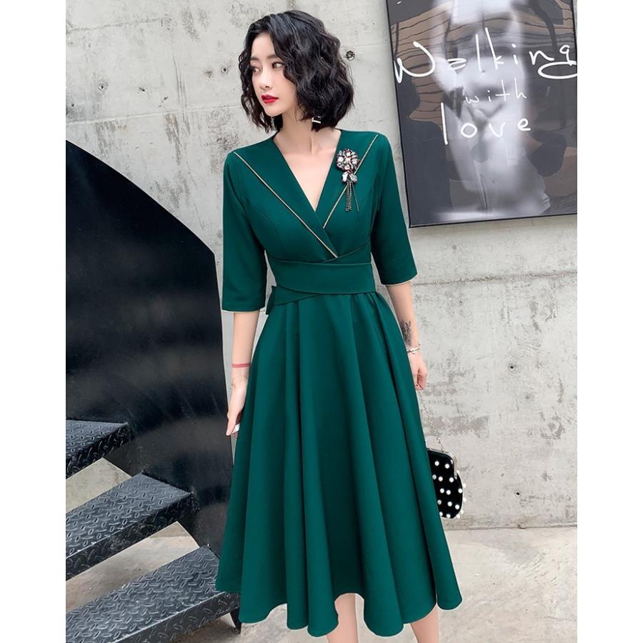 パーティードレス 袖あり 五分袖 Vネック カシュクール ウエスト